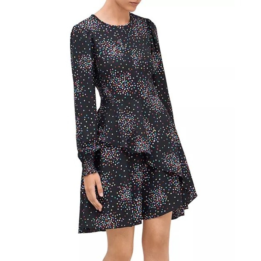 Kate Spade‎ New York Black Confetti Print Long Sleeve Mini Dress Smocked Back